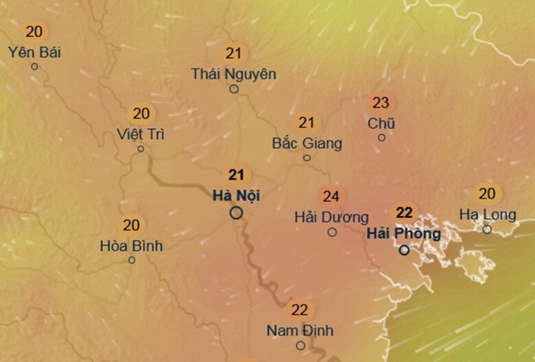 Dự báo nhiệt độ cảm nhận ở một số khu vực tại miền Bắc chiều 1/2, khi có ảnh hưởng của không khí lạnh. Ảnh: Ventusky, ICON.
