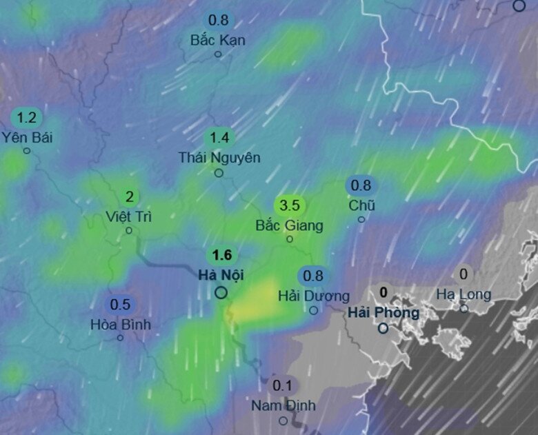 Dự báo mưa ở nhiều nơi tại miền Bắc sáng 8/2; những con số trong hình là lượng mưa dự báo trong 3 giờ, tính theo mm. Ảnh: Ventusky, ECMWF.