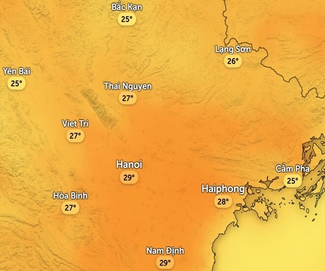 Dự báo nhiệt độ cảm nhận ở một số khu vực tại miền Bắc chiều 29 Tết (ngày 16/2 Dương lịch). Ảnh: Zoom Earth, OpenStreetMap, ICON.