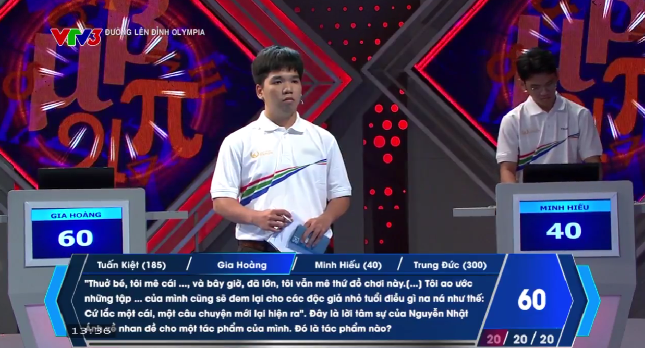 Gia Hoàng là người Về đích thứ 3 với 1 câu trả lời đúng. Minh Hiếu đưa ra đáp án chính xác, lấy đi 20 điểm của Gia Hoàng.