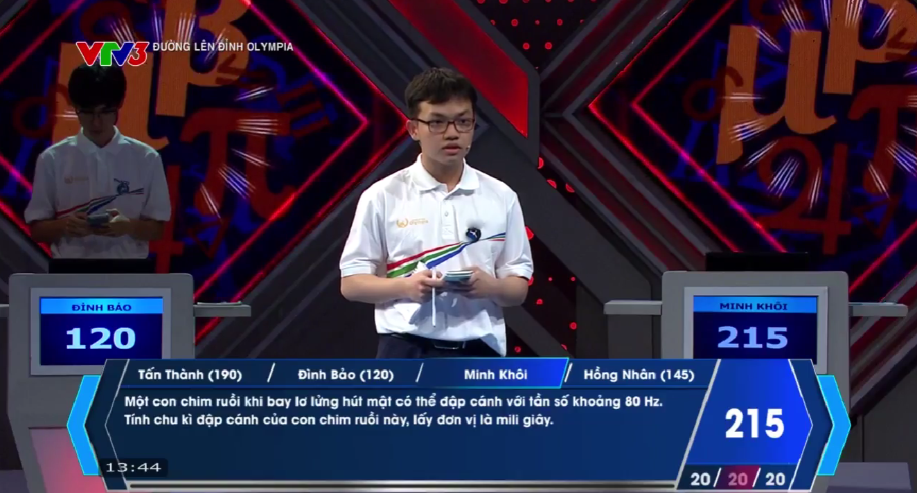 Minh Khôi là người Về đích cuối cùng với 2 câu trả đúng, tiếp tục củng cố ngôi vị dẫn đầu. Hồng Nhân đưa ra 1 đáp án sai và bị trừ 10 điểm.