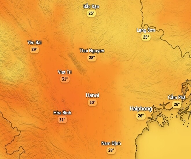Nhiệt độ cảm nhận ở một số khu vực tại miền Bắc chiều nay, 19/3. Ảnh: Zoom Earth, OpenStreetMap, ICON.