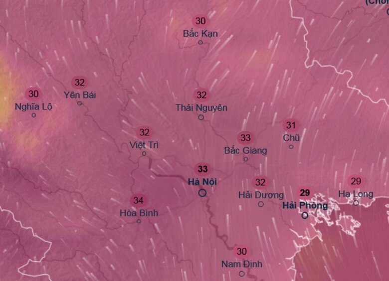 Nhiệt độ cảm nhận dự báo ở một số khu vực tại miền Bắc vào trưa và chiều mấy ngày giữa tuần sau (24 - 26/3), theo mô hình ICON. Ảnh: Ventusky, ICON.