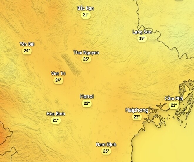 Nhiệt độ cảm nhận ở một số khu vực tại miền Bắc chiều nay, 3/3. Ảnh: Zoom Earth, OpenStreetMap, ICON.