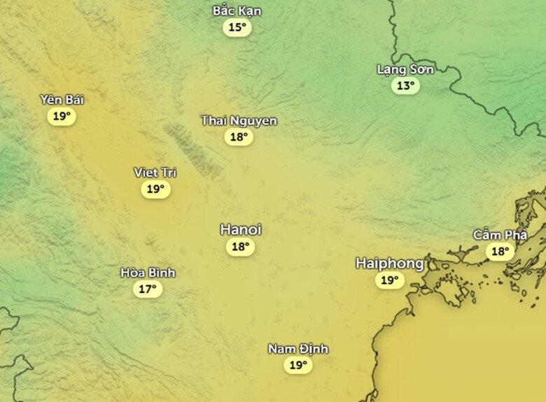Dự báo nhiệt độ cảm nhận ở một số khu vực tại miền Bắc sáng mai, 4/3: Có thể thấy nhiều nơi chuyển rét (dưới 20oC). Ảnh: Zoom Earth, OpenStreetMap, ICON.