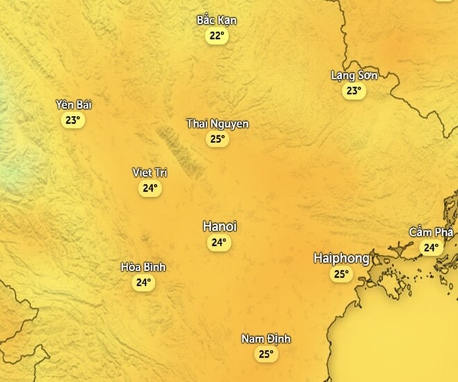 Nhiệt độ cảm nhận ở một số khu vực tại miền Bắc chiều nay, 6/3, và có thể là cả chiều mai và chiều ngày kia nữa (7 - 8/3). Ảnh: Zoom Earth, OpenStreetMap, ICON.