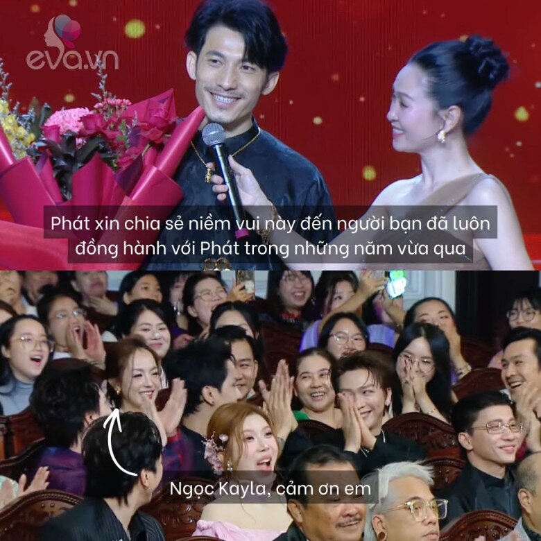 Ngọc Kayla bất ngờ khi được Liên Bỉnh Phát cảm ơn trên sân khấu nhận giải.