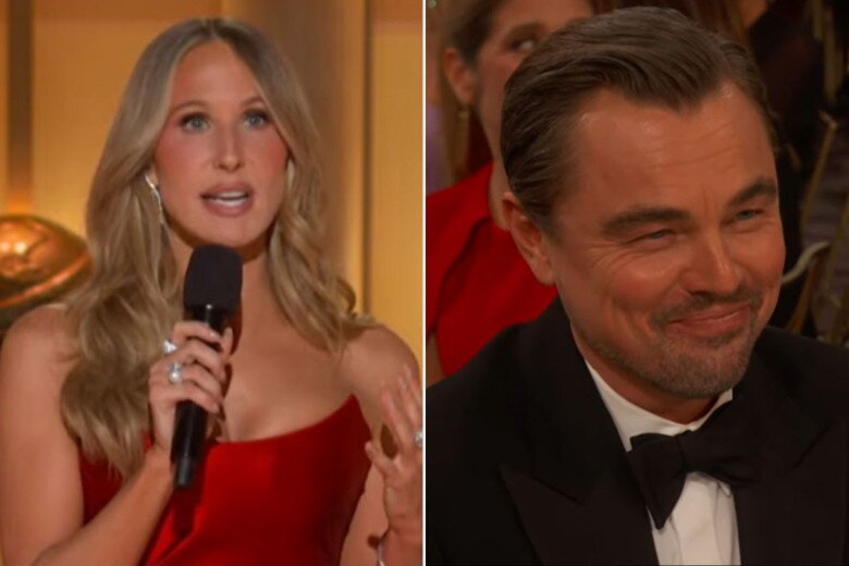 Leonardo DiCaprio chỉ cười trừ khi bị nữ MC Nikki Glaser trêu chọc.