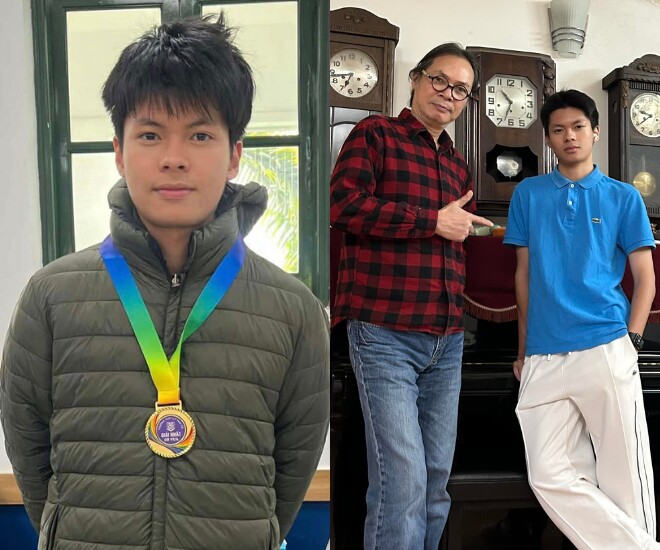Trần Bờm con trai NSND Trần Lực giành huy chương vàng môn cờ vua tại giải đấu của trường.