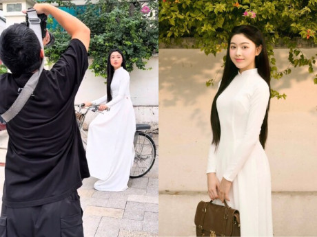 Con gái Quyền Linh diện áo dài xuống phố được du khách Tây vây kín ngắm nhìn, sắc vóc tuổi 20 trong veo