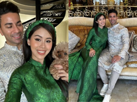 Ông xã gốc Dubai của Tiên Nguyễn mặc áo dài chúc Tết nhà bố vợ