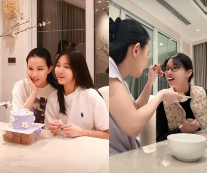 Dù ái nữ đã 12 tuổi nhưng Hoa hậu Thùy Lâm vẫn thích đút con ăn từng muỗng để thể hiện tình cảm.