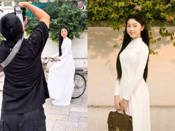 Con gái Quyền Linh diện áo dài xuống phố được du khách Tây vây kín ngắm nhìn, sắc vóc tuổi 20 trong veo