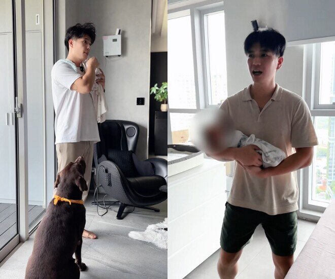 Huy Trần đầu bù tóc rối khi chăm con.