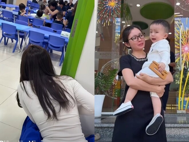 Nhóc tì mếu máo khi thấy mẹ đón về.