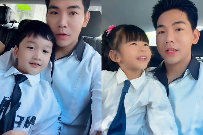 Thanh Đoàn - Hà Trí Quang hồi hộp khi đưa 2 con đến trường.