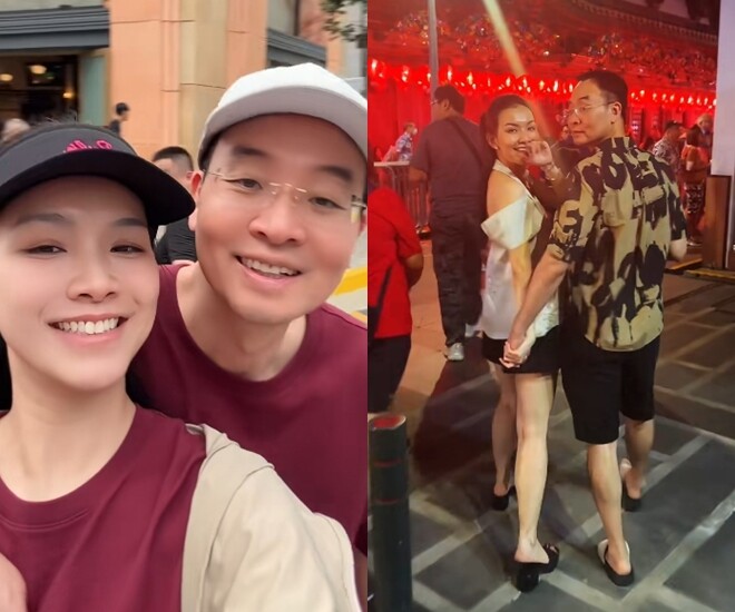 Vợ chồng Hoa hậu Thùy Lâm cực kỳ tình cảm, đi đâu cũng nắm tay nhau.