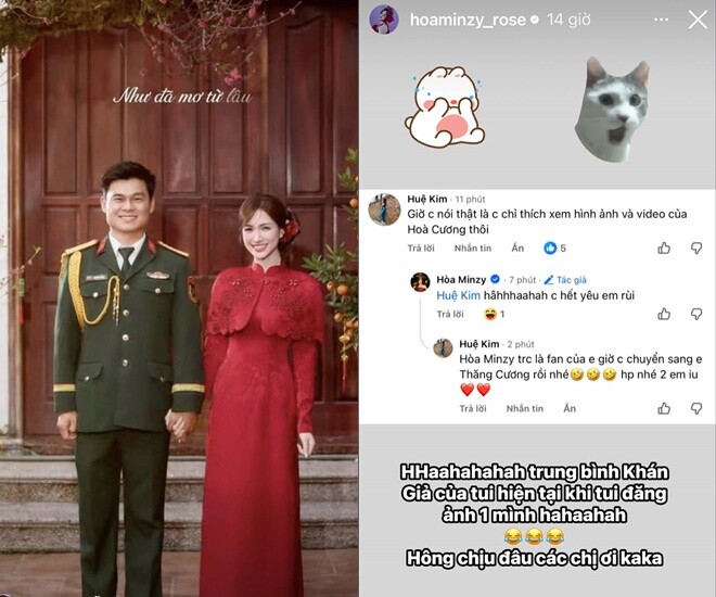 Hòa Minzy bật cười khi thấy fan của mình hiện rất ủng hộ Đại úy Văn Cương.