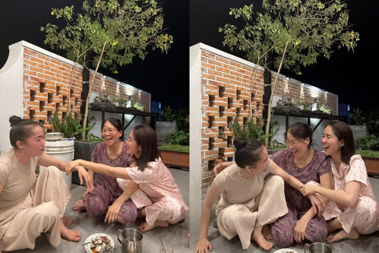 Cô thân thiết ôm ấp, cười đùa vui vẻ khi ngồi nhậu với mẹ chồng và cô chồng.