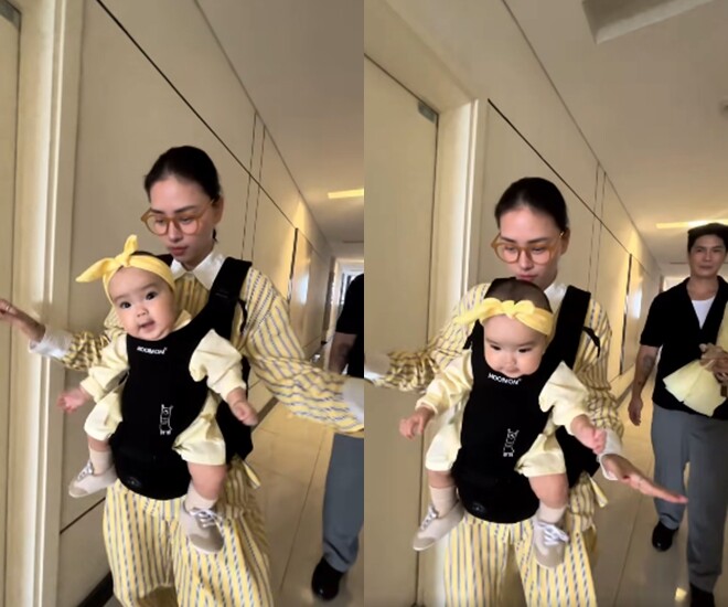 Ngô Thanh Vân gây chú ý khi diện đồ đôi và địu con gái nhún nhảy theo nhạc.