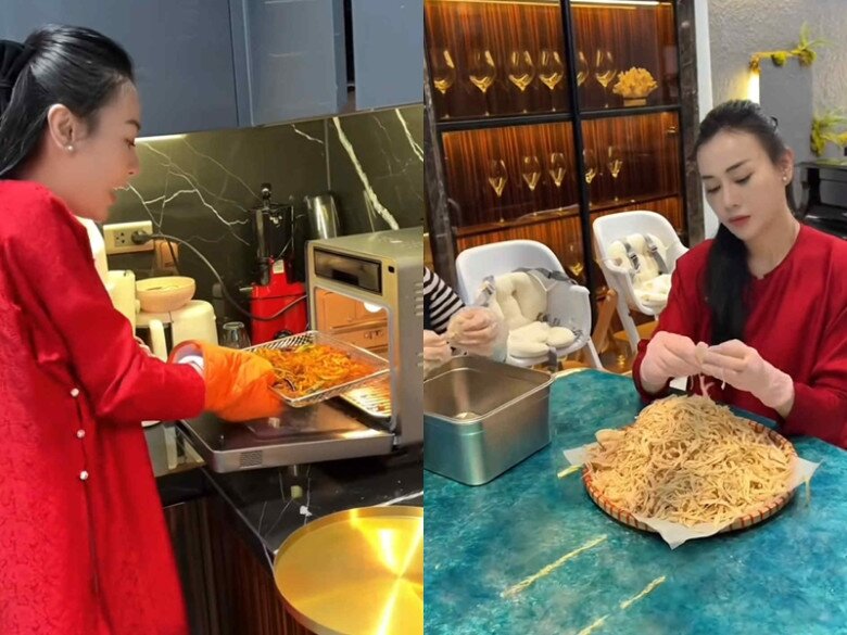 Phương Oanh xuất hiện trong tà áo dài đỏ rực, vào bếp làm khô gà cho ngày Tết.