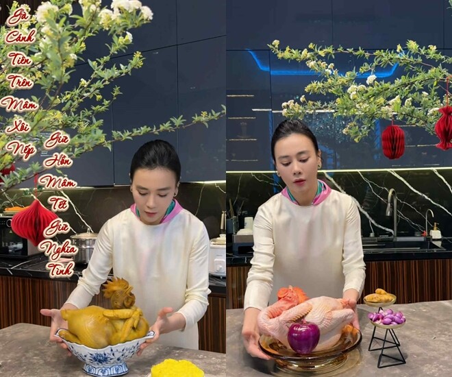 Phương Oanh hướng dẫn khán giả làm gà cánh tiên và xôi vàng cho ngày Tết.