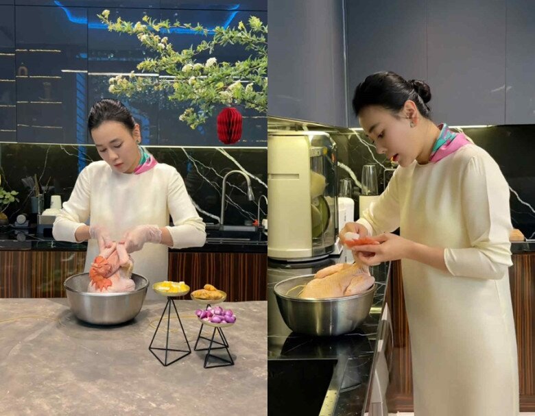 Phương Oanh diện váy trắng vào bếp nấu ăn khiến dân tình xuýt xoa.