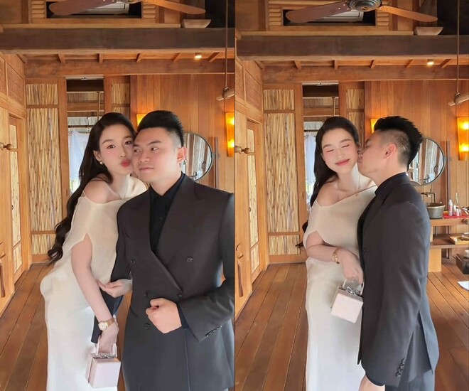 Doanh nhân Viết Vương trao vợ nụ hôn có chút ngượng ngùng nhưng đầy cưng chiều.