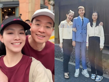 Hoa hậu Thùy Lâm tình tứ như vợ chồng son bên ông xã Tiến sĩ, 2 con đạt chiều cao "khủng" đều được khen là "cực phẩm"