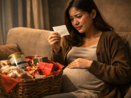 Bên trong giỏ quà tết chồng gửi về, tôi sững người khi thấy kèm theo tờ giấy nhỏ