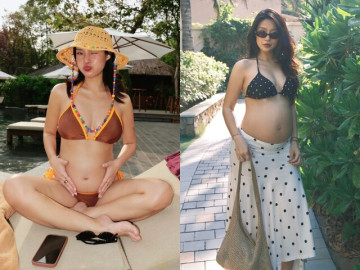 Bà bầu - Hot girl Hà Nội mặc bikini bé xíu khoe bầu "sắp vỡ chum", con trai cả đáng yêu từng gây sốt trên sóng truyền hình