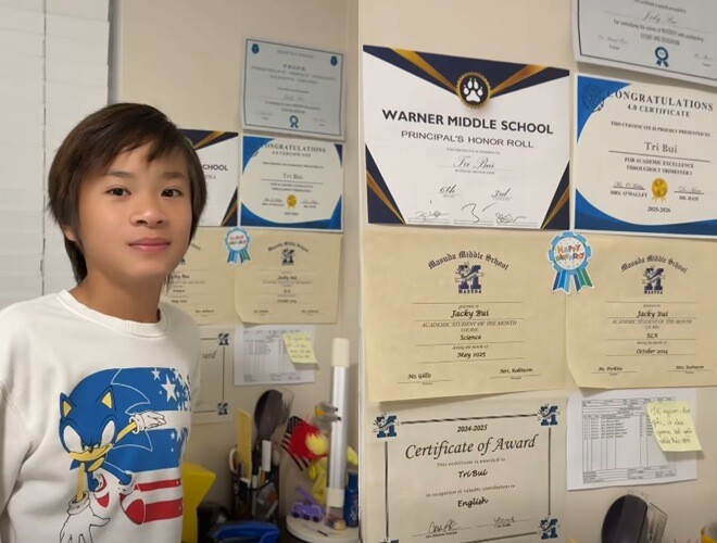 Thanh Thảo tự hào khoe giấy khen của con được treo khắp nhà.