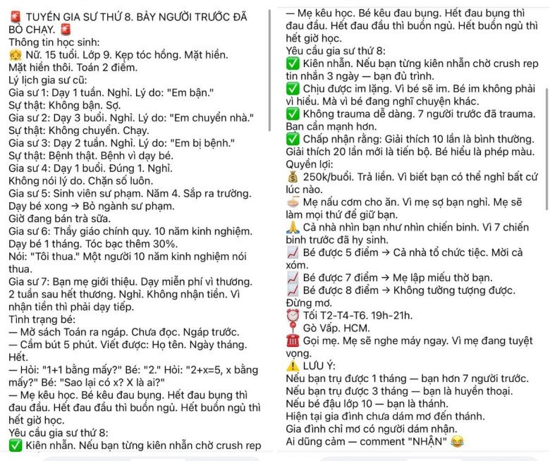 Bài đăng tuyển gia sư thứ 8 cho con khiến nhiều người bất ngờ.