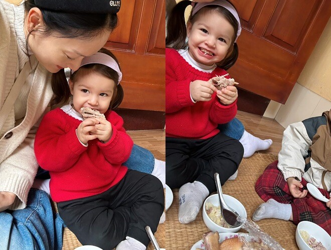 Lan Phương một mình đưa con về quê ăn giỗ, nhóc tỳ lai Tây chuẩn bé gái quê, ngồi chiếu, gặm cánh gà - 2