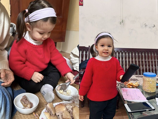 Lan Phương một mình đưa con về quê ăn giỗ, nhóc tỳ lai Tây chuẩn bé gái quê, ngồi chiếu, gặm cánh gà - 3