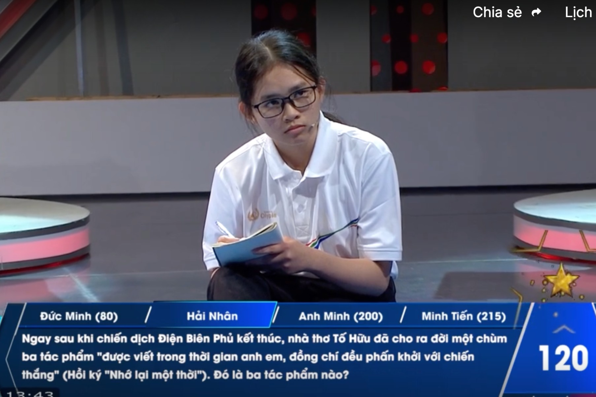 Ở câu hỏi cuối cùng, Hải Nhân quyết chơi hết mình, chọn đặt ngôi sao hy vọng. Câu hỏi về Văn học, áp lực thời gian đã khiến Hải Nhân mất bình tĩnh và đưa ra câu trả lời thiếu chính xác. Hải Nhân kết thúc phần thi với 90 điểm.