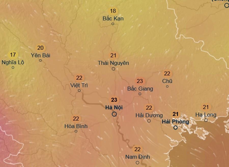 Dự báo nhiệt độ cảm nhận ở một số khu vực tại miền Bắc chiều 25/1 (Chủ Nhật tới): Trời ấm lên rõ rệt. Ảnh: Ventusky, GFS.