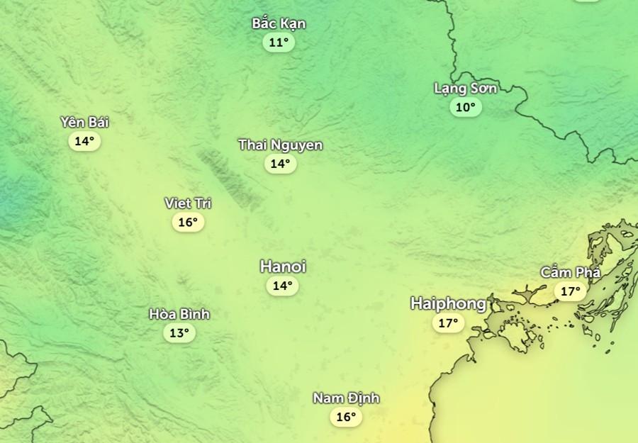 Dự báo nhiệt độ cảm nhận ở một số khu vực tại miền Bắc trưa 6/1: Hà Nội rét đậm. Ảnh: Zoom Earth, OpenStreetMap, ICON.