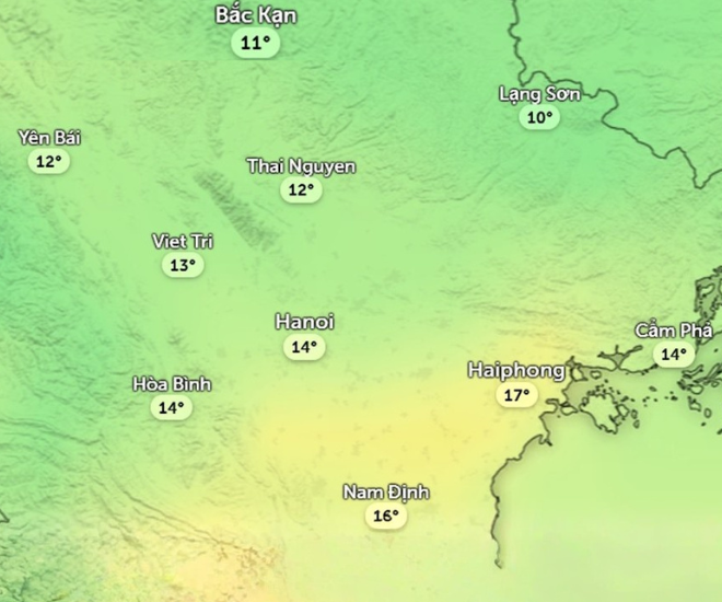 Nhiệt độ cảm nhận ở một số khu vực tại miền Bắc chiều nay, 23/1. Ảnh: Zoom Earth, OpenStreetMap, GFS.