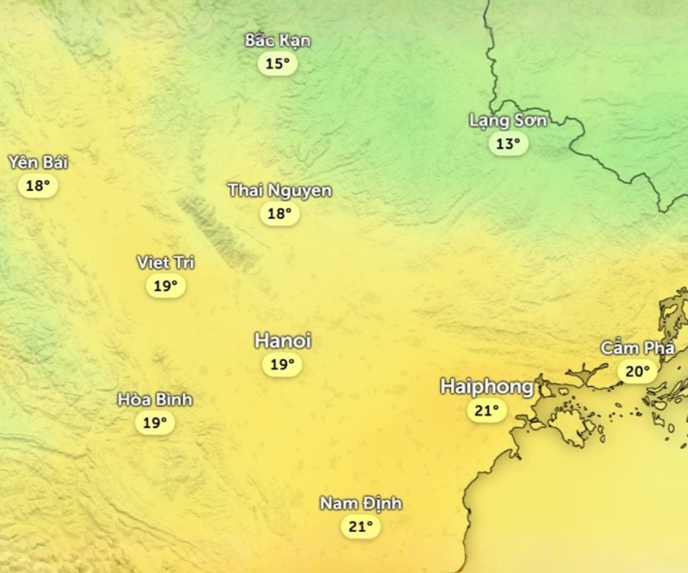 Dự báo nhiệt độ cảm nhận ở một số khu vực tại miền Bắc trưa và chiều mai, 5/1. Ảnh: Zoom Earth, OpenStreetMap, ICON.