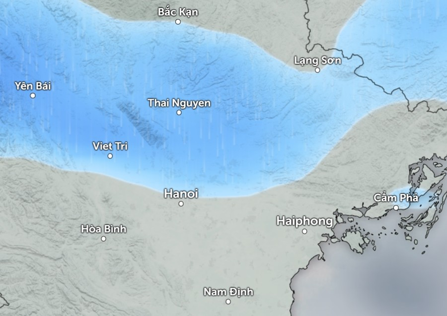 Dự báo mưa (những vùng màu xanh da trời) ở một số khu vực tại miền Bắc sáng sớm mai, 9/2. Ảnh: Zoom Earth, OpenStreetMap, ICON.