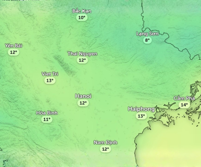 Dự báo nhiệt độ cảm nhận ở một số khu vực tại miền Bắc sáng mai, 9/2. Ảnh: Zoom Earth, OpenStreetMap, ICON.