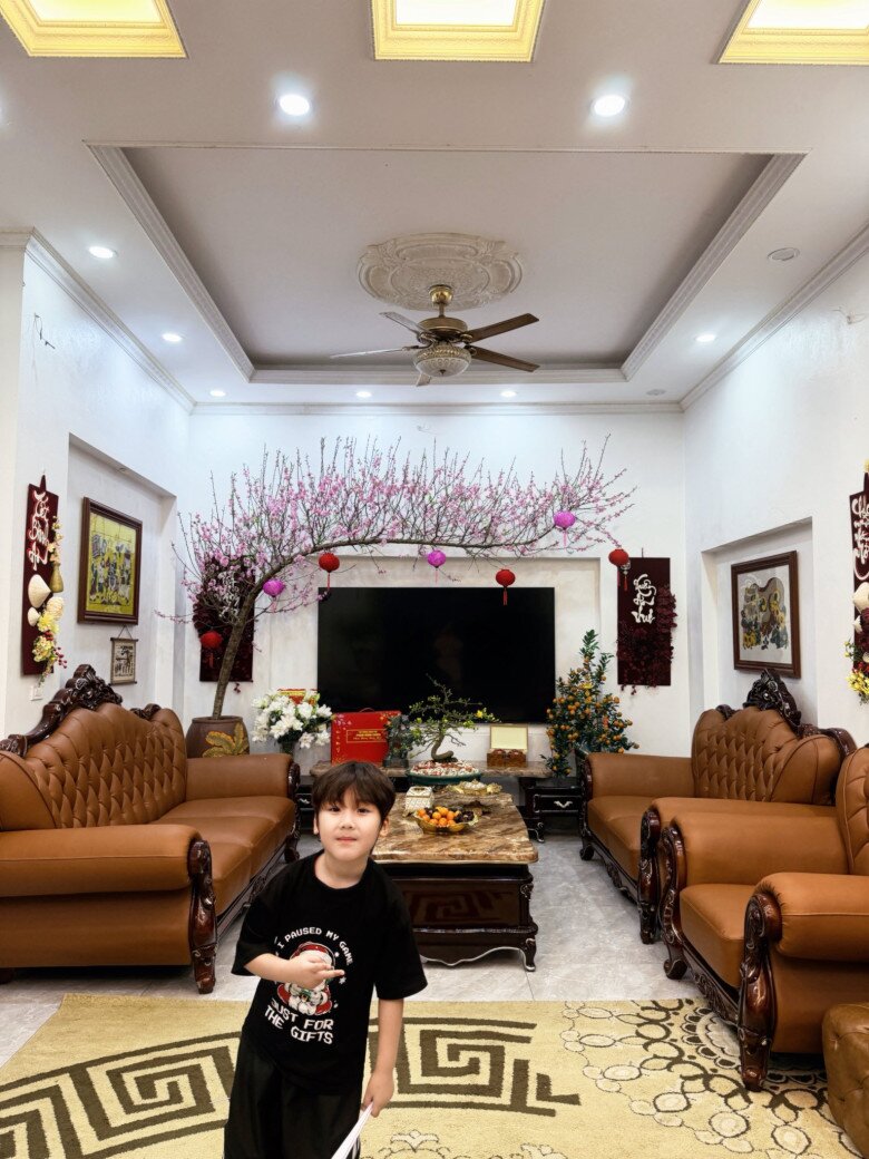 Tết vừa qua, Hòa Minzy đã hé lộ bên trong căn nhà. Góc trang trí Tết đậm chất truyền thống với cành đào dáng huyền mềm mại, điểm xuyết những chiếc đèn lồng đỏ rực rỡ phía trên tivi màn hình lớn.