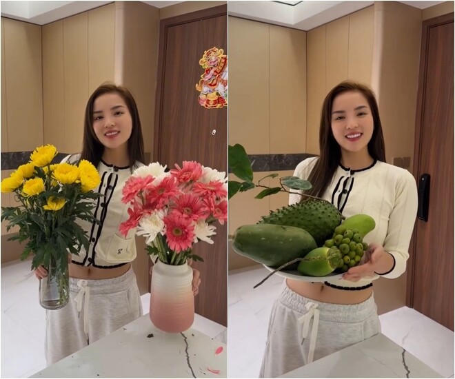 Dịp Tết vừa qua, Kỳ Duyên đã tự tay bài trí cho căn hộ, mua hoa, quả làm lễ cúng trong ngôi nhà mới của mình.