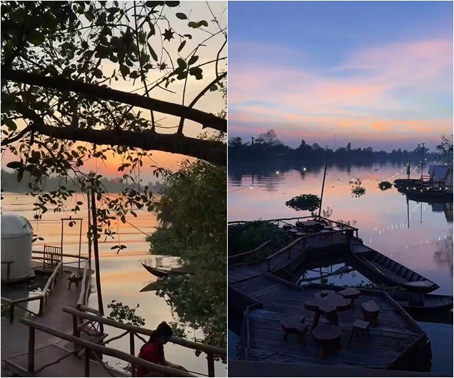 Vân Trang đã khéo léo tận dụng vị trí đắc địa cạnh bờ sông để làm khu cà phê và khu cắm trại. Cô tự hào giới thiệu về cảnh sắc thiên nhiên tại nhà mình: Miếng đất của nhà ngoại mình là nó cạnh bờ sông luôn á mọi người. Có 1 dòng sông rất là to, rất thơ mộng luôn và đón trọn được hoàng hôn.