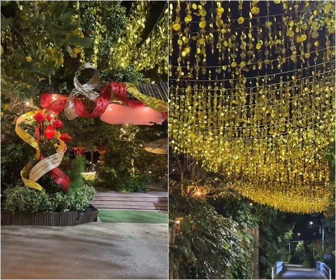 Bà chủ rất năng động, mê mẩn trang trí. Dọc lối vào cổng được chăng những dây lấp lánh cực bắt mắt, giúp không gian về đêm trở nên lung linh, huyền ảo.