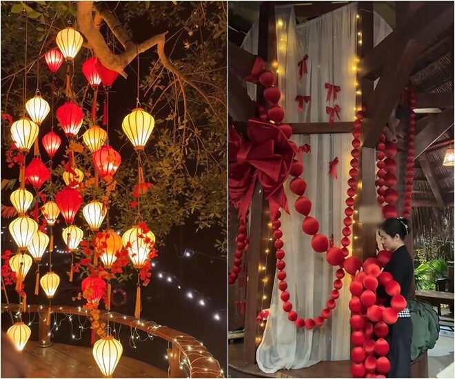 Nữ đại gia đích thân treo đèn lồng, căn chỉnh những dải lụa đỏ treo từ trên trần. Nhiều món đồ trang trí handmade cô tự tay thực hiện.