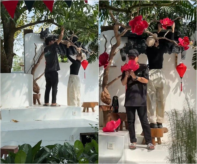 Nữ diễn viên cùng cộng sự tất bật trang trí những chiếc lồng đèn, hoa lên cây, tạo điểm nhấn tương phản với sắc xanh của không gian trong villa.