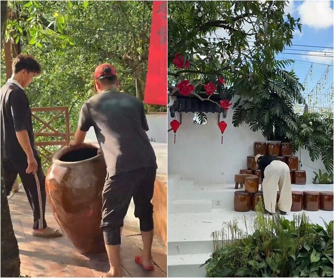 Rất nhiều chu gốm được Vân Trang và các nhân viên vận chuyển đến những góc decor. Sự tỉ mỉ của cô cho thấy tâm huyết rất lớn dành cho góc check-in này.