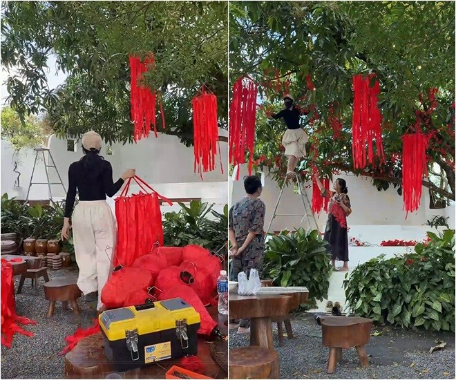 Bà chủ villa không ngại leo trèo, tự tay treo từng dải vải đỏ và đèn lồng lên nhành cây, từng món đồ trang trí cũ đều được cô thổi hồn mới.